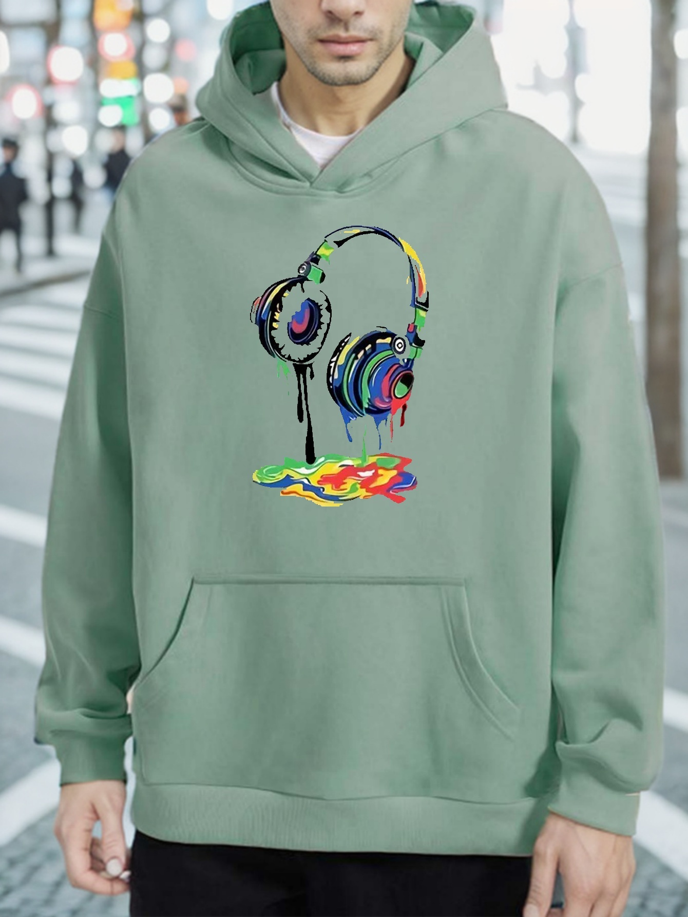 Headphone Print Kangaroo Pocket Hoodie, Casual Long Sleeve Hoodies