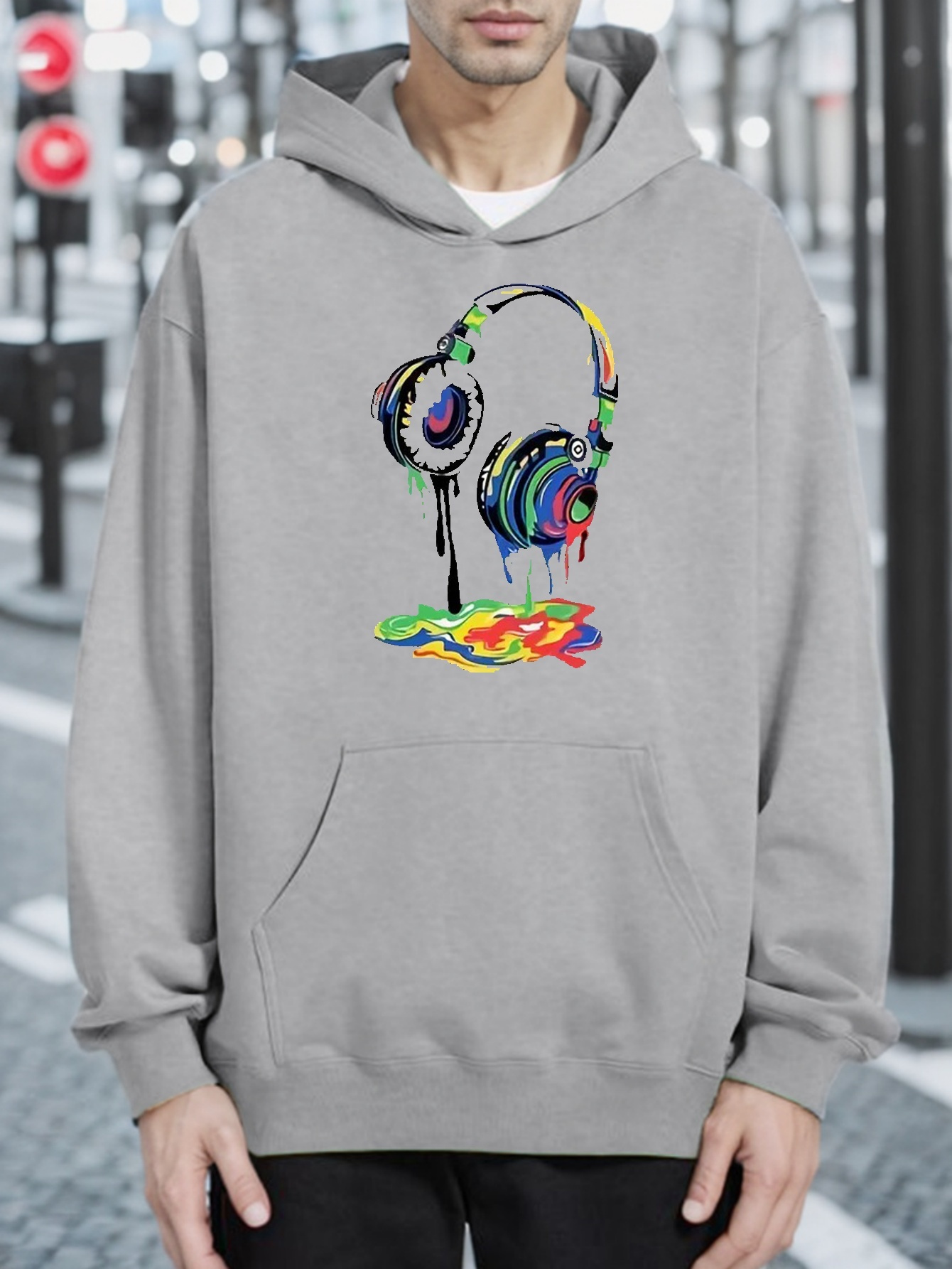 Headphone Print Kangaroo Pocket Hoodie, Casual Long Sleeve Hoodies