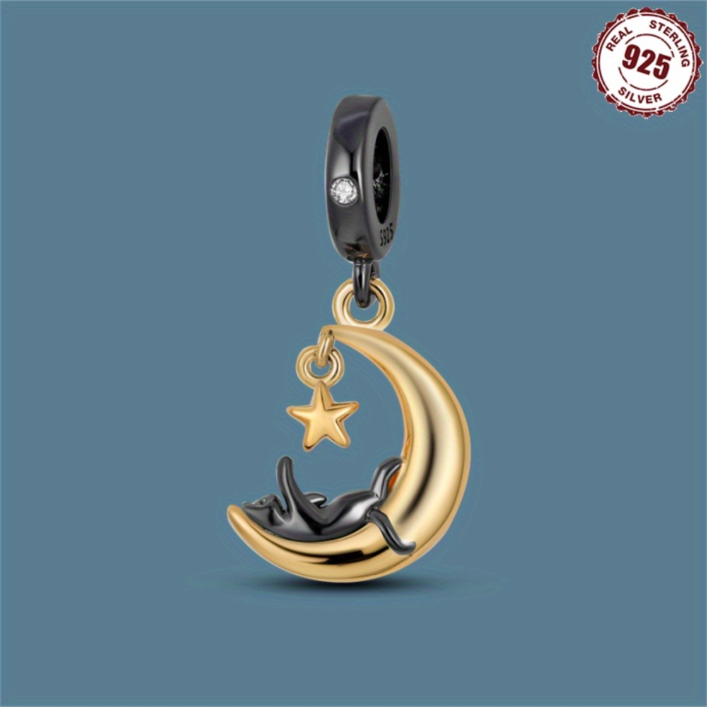 S925 Sterling Silver 3d Golden Moon And Cat Inlaid - Temu