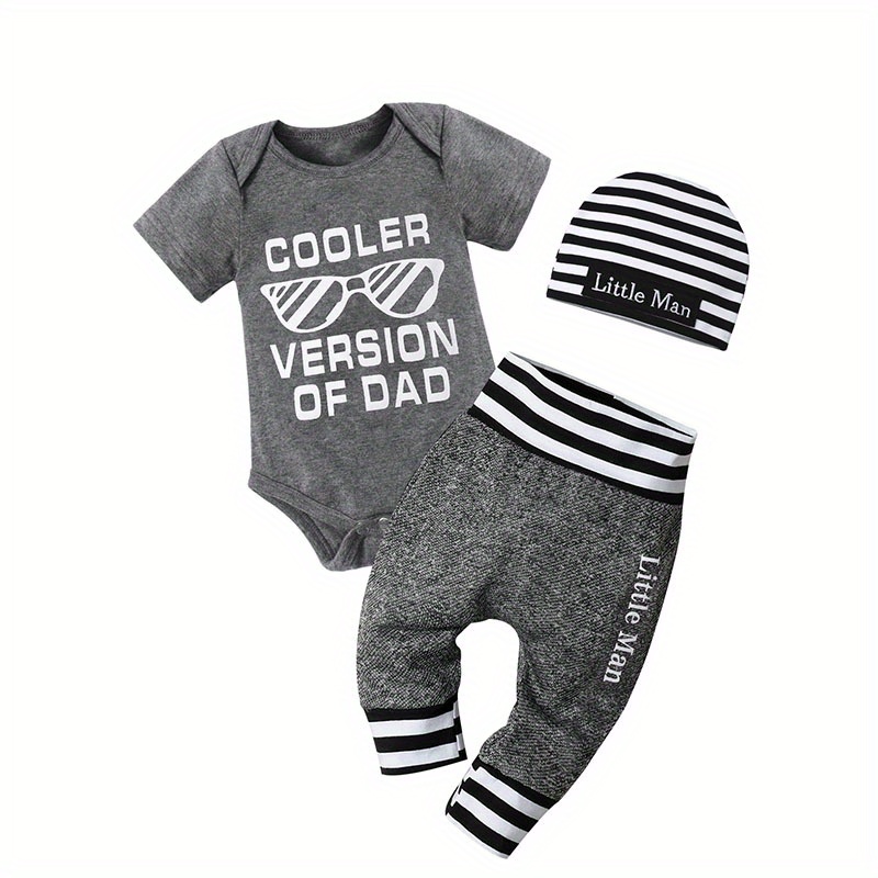 

Newborn Baby Boy Clothes "cooler Version Of Dad" Print Romper+pants+hat 2pcs Outfit