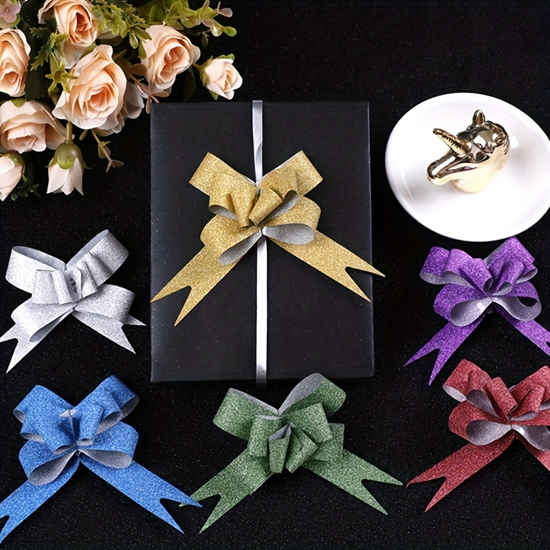 100pcs Glitter Pull Bows Gift Knot Ribbons String Bows for Gift Wrapping  Flower Basket Wedding Car Decoration (Golden/Silver/Green/Purple/Red) 
