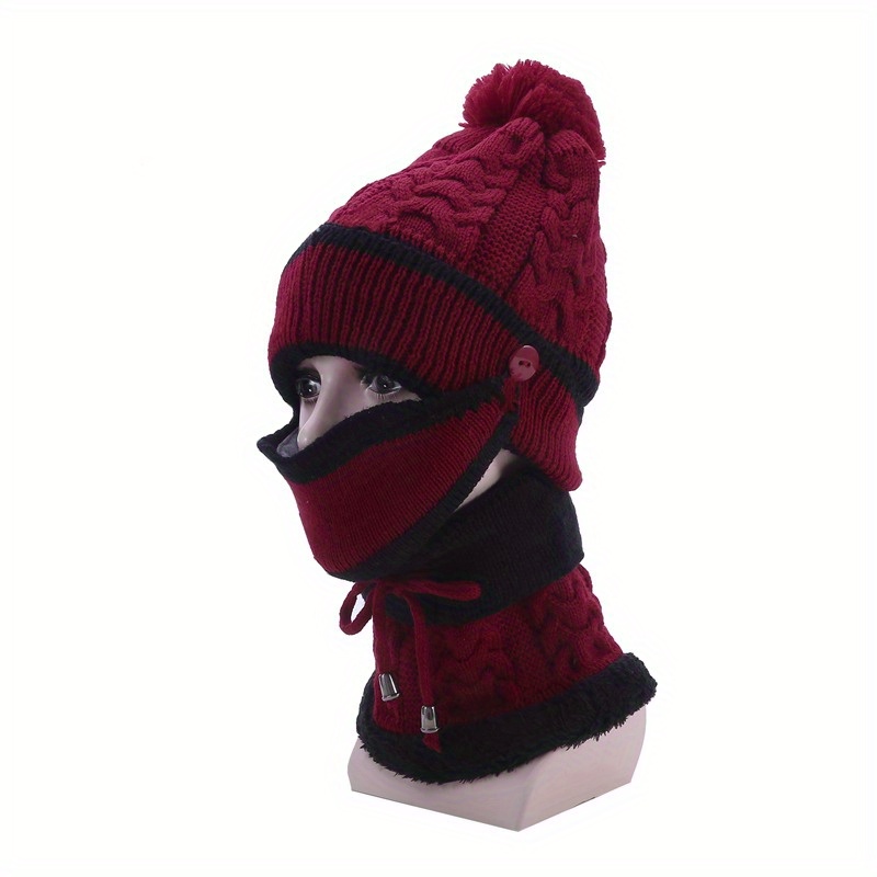 Womens 3 Pieces Knitted Hat Mask Scarf Set Windproof Ear