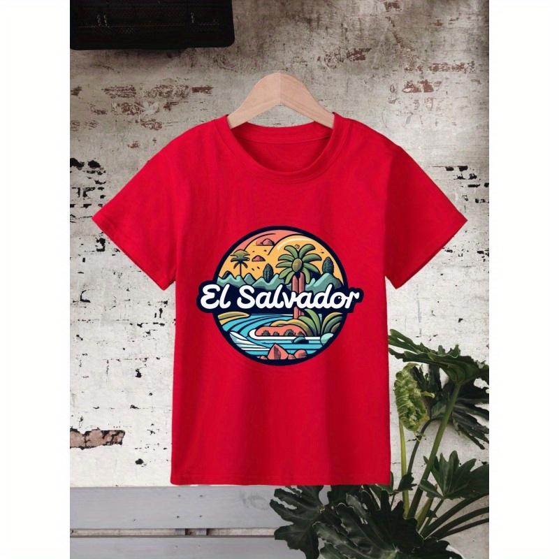 

Boy's El Salvador Print Stylish T-shirt Clothing Casual Round Neck Short Sleeve Comfy Outdoors Outfit For Kids