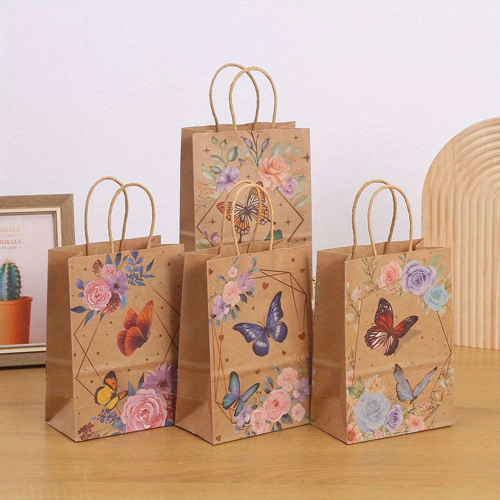 Paquete de 24 bolsas de regalo de mariposas, bolsas de regalo de mariposa,  bolsas de papel kraft de mariposas y flores, bolsas medianas de mariposa