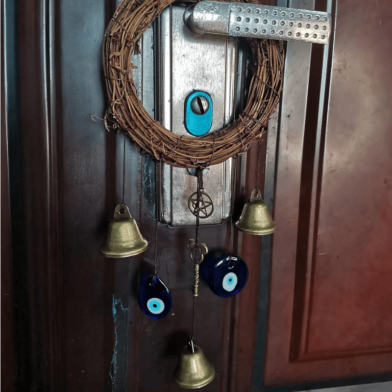 Witch Bells for Door Knob Protection,Heart-Shaped Witchy Wicca Decor Clear  Negative Energies with Blue Evil Eyes for Home Garden Courtyard Decor