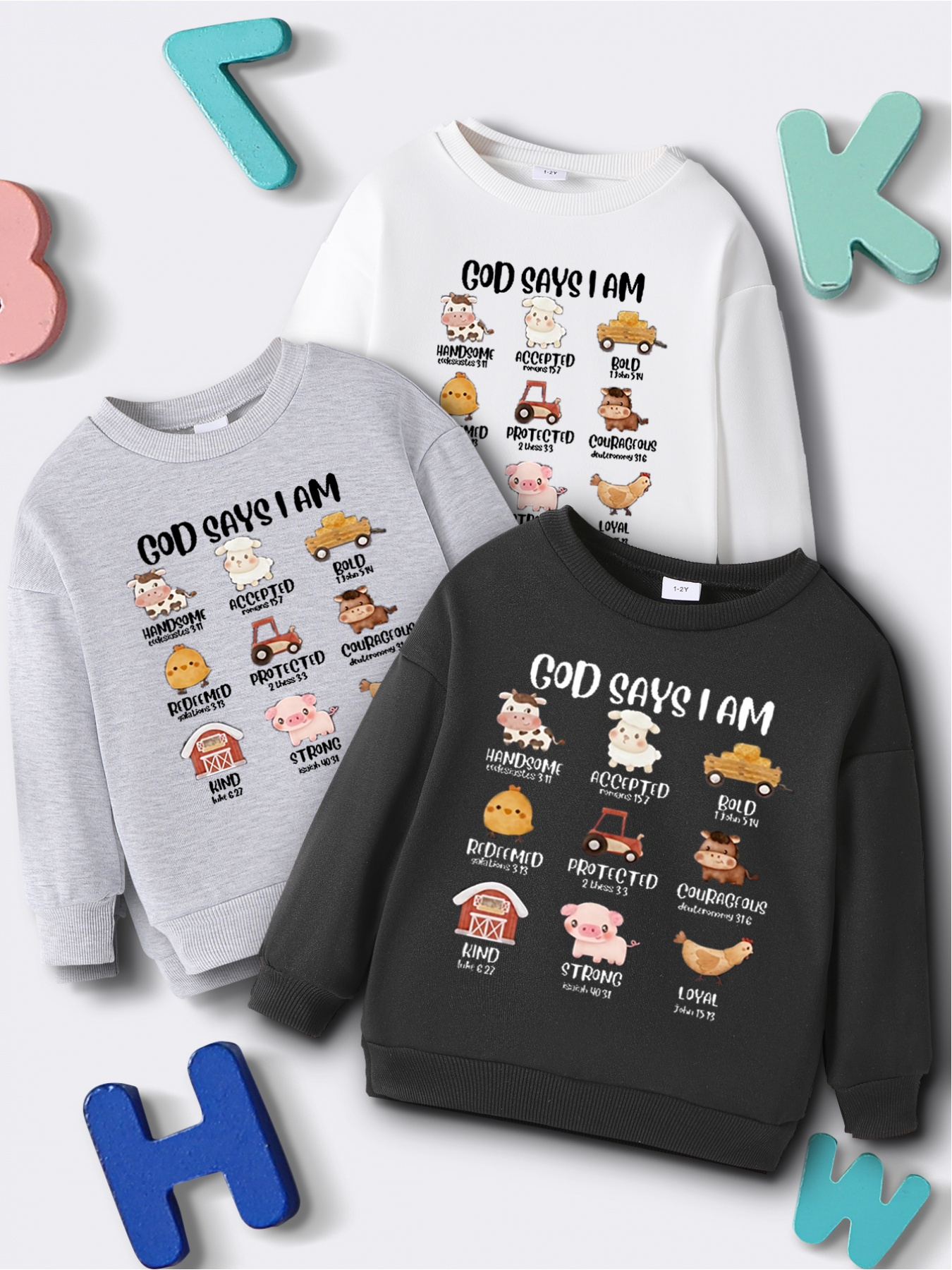 3pcs GOD SAYS I AM Letter And Animals Print Sweatshirt For Boys - Casual  Creative Design With Stretch Fabric For Comfortable Autumn/Winter Wear