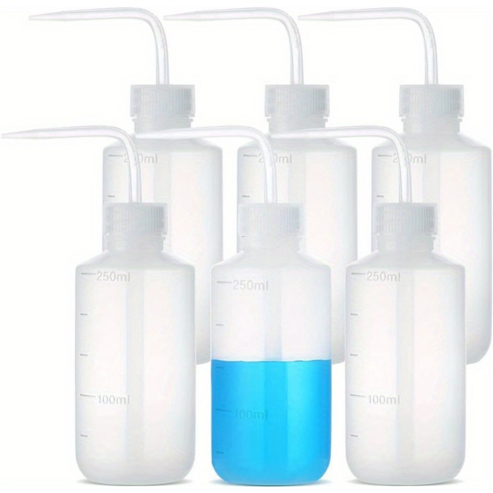 

6pcs Experimental Bottle Watering Bottle, Curved Mouth Drip Pot Squeeze Type Washing Bottle Watering Bottle, 250ml Washing Bottle Lab Squeeze Bottle, Narrow Mouth And Scale Measurement