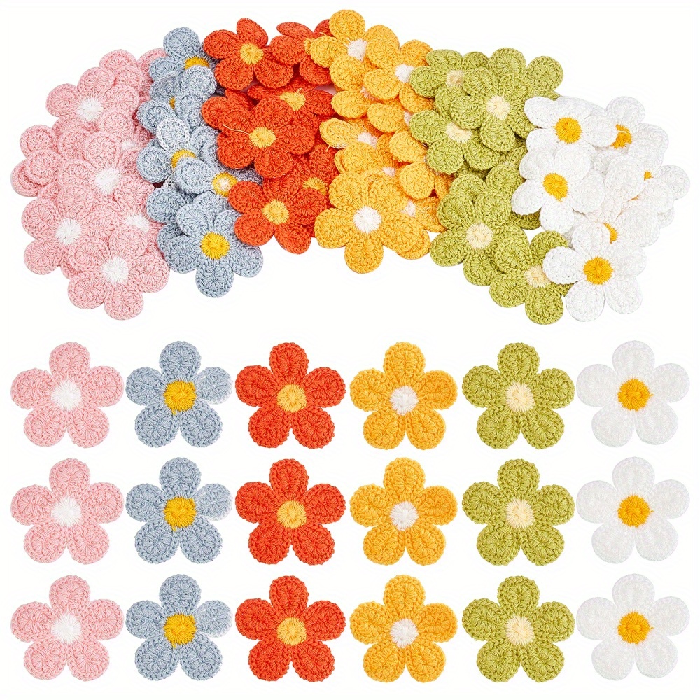 

60pcs Crochet Flowers Applique 50mm Handmade Crocheted Floral Embellishments Flower Sew On Patches For Clothes Bags Hats Or Arts Crafts Diy Decor