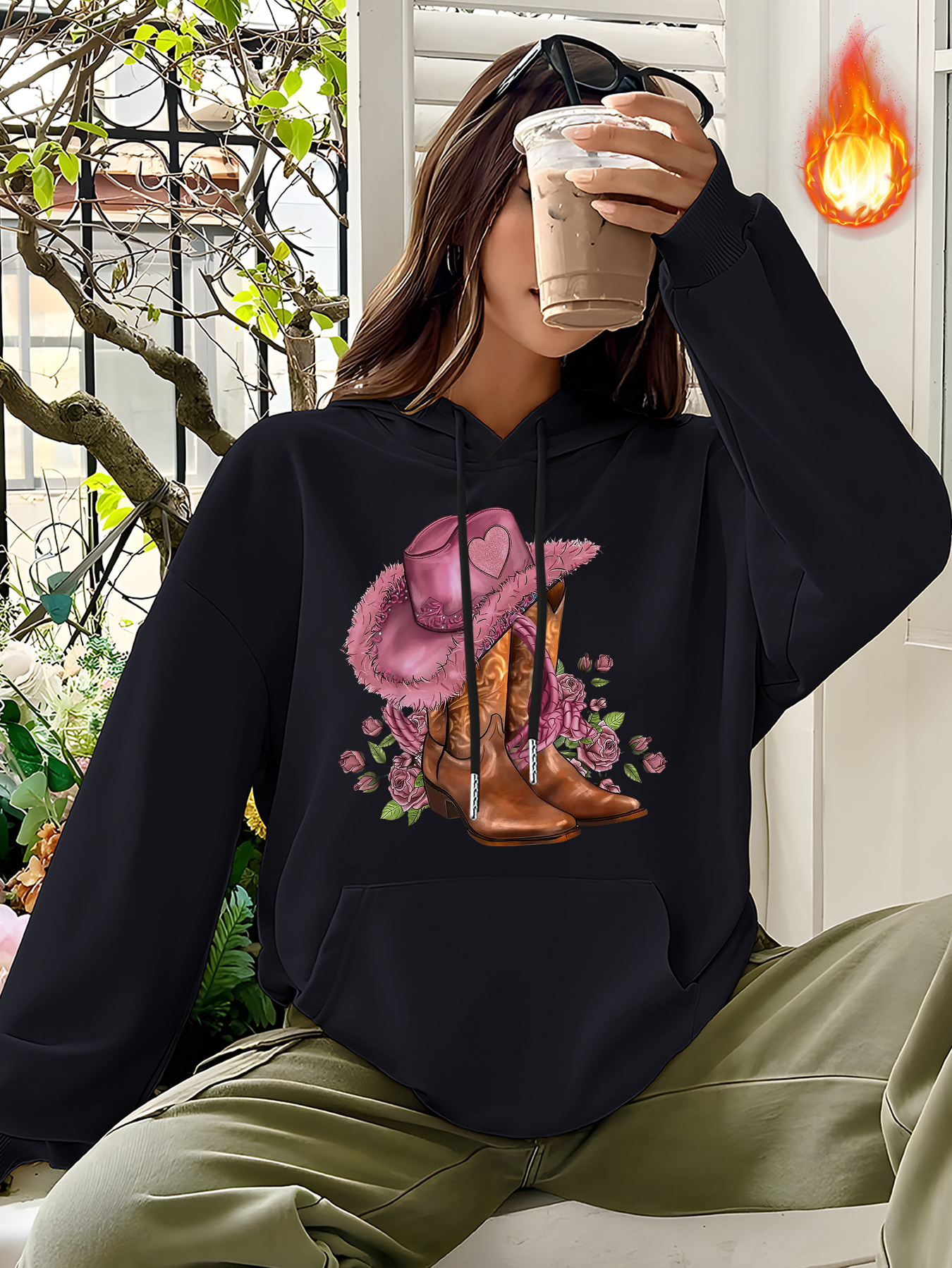 Shoes & Floral Print Drawstring Hooded Sweatshirt, Kangaroo Pocket