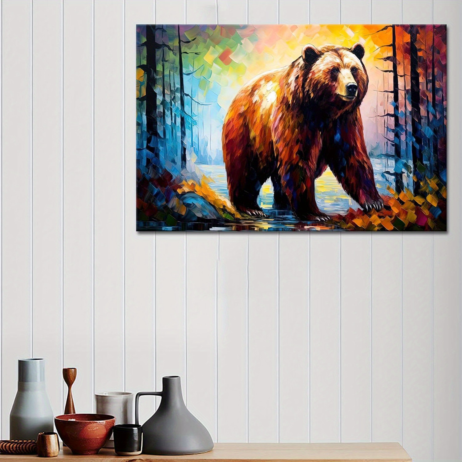 動物油絵キャンバス壁アート抽象的なカラフルな動物クマの森の壁の装飾