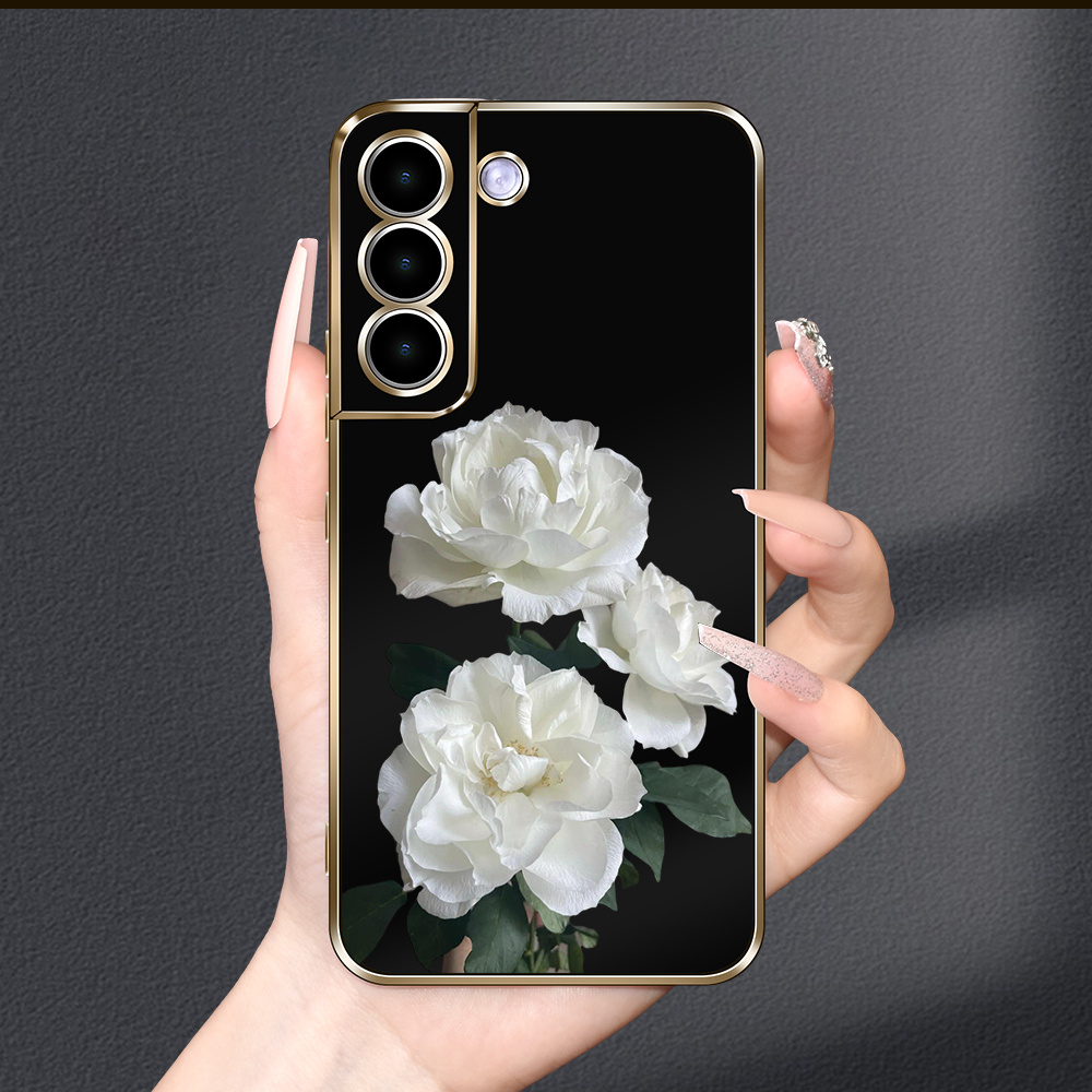 

White Rose Black Electroplating Case Non-slip Durable All-match Phone Case For Samsung Galaxys21/s23fegalaxy/ A52s5g/galaxys22u1tra5g/samsunggalaxys23ultra