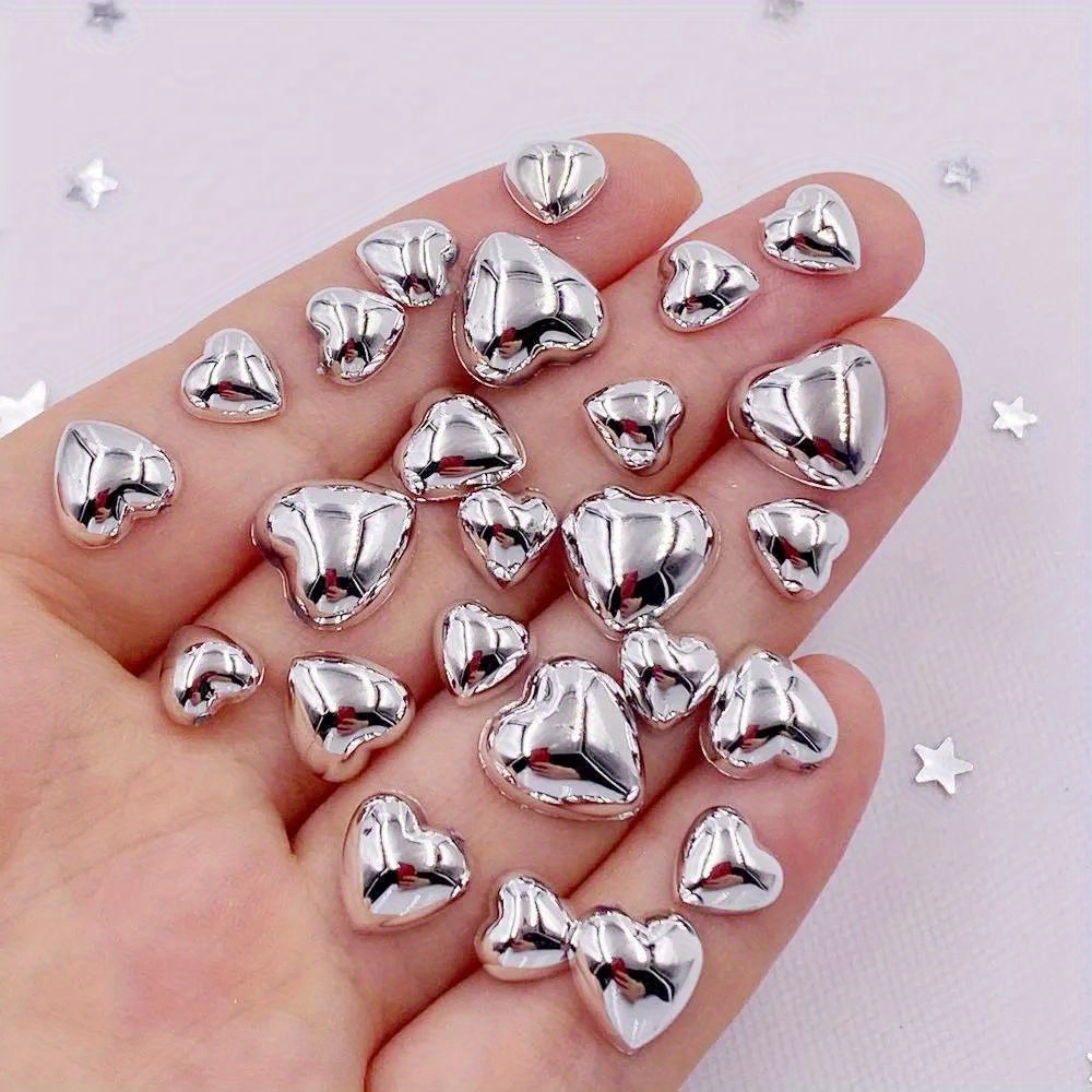 

50/100pcs 8mm 10mm 12mm Acrylic Silvery Heart Gems Flatback Rhinestone Imitation Pearl Beads Scrapbook Wedding Applique Diy Decor Accessories Crafts
