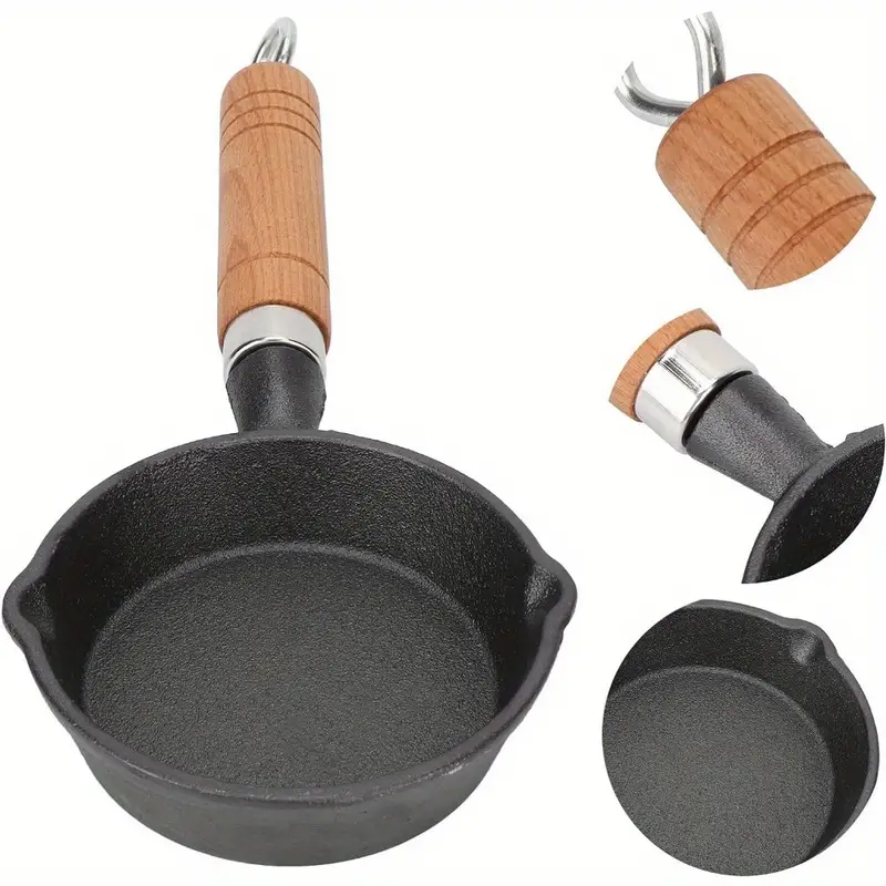 Mini Cast Iron Skillet, Frying Pan With Drip Spouts And Wooden