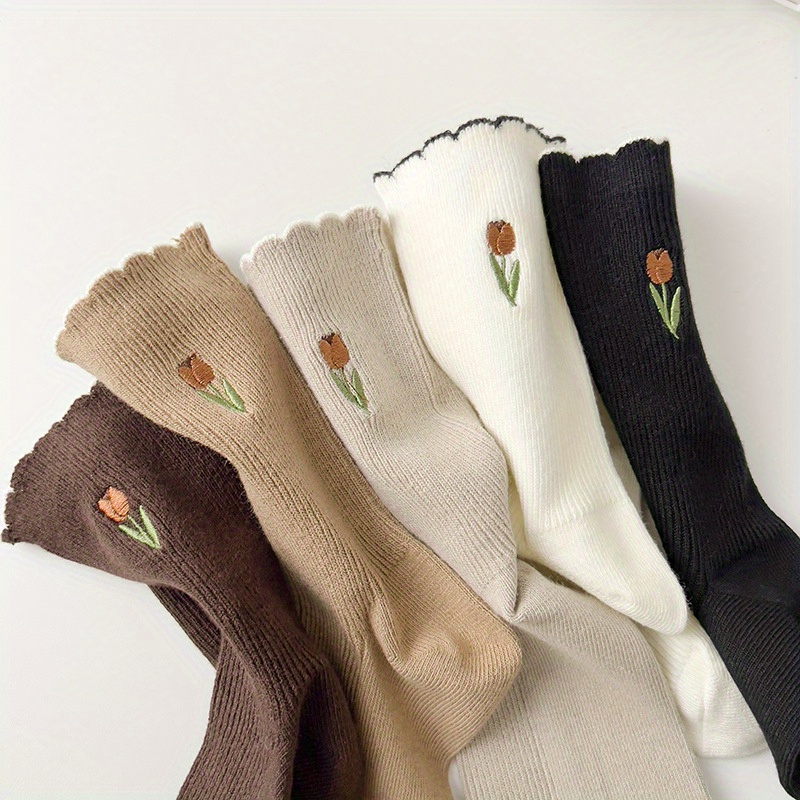 

5 Pairs Tulip Embroidered Socks, Comfy & Soft Ruffle Mid Tube Socks, Women's Stockings & Hosiery