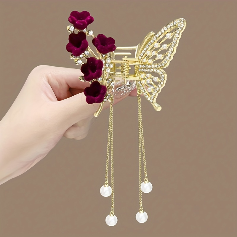 1pc Faux Pearl Tassel Hair Claw Clip Red Rose Jaw Clips Metal Shark Clips  For Women Girls Hair Styling Accessories