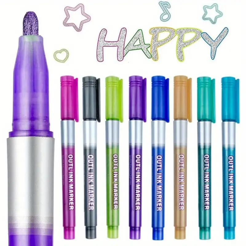 Outline Marker Pens, 8 Colors Double Line Marker Pen Sel-outline Metallic Marker for Art, Drawing, Card Making, Easter Egg