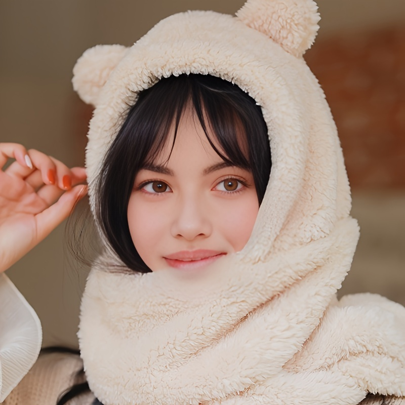 Plush Bear Ear Shaped Cute Hat & Scarf Sets, Winter Outdoor Thermal Set,  Women's Winter Gear