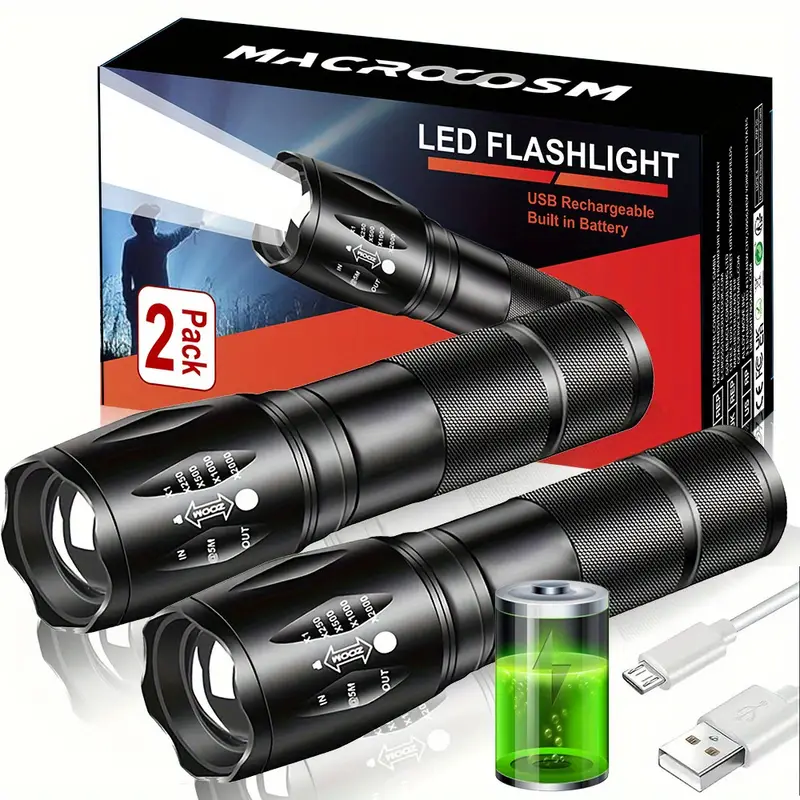 1pc/2pcs Rechargeable LED Flashlights, Portable Zoomable Handheld  Flashlight, USB Torch Light For Outdoor Camping, Fishing, Hunting,  Mountaineering, A