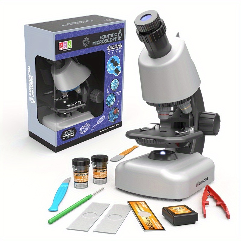 Kit de Microscope pour,100X-1200 X Microscope Jouet éducatif pour -  Ensemble de Microscope alimenté par Batterie avec lumière LED, Jouet  d'éducation