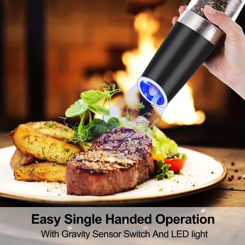 Pepper Grinder, Gravity Electric Pepper Mill, Battery Operated Automatic  Salt Mill with Blue LED Light, One Handed Operation, Adjustable Coarseness