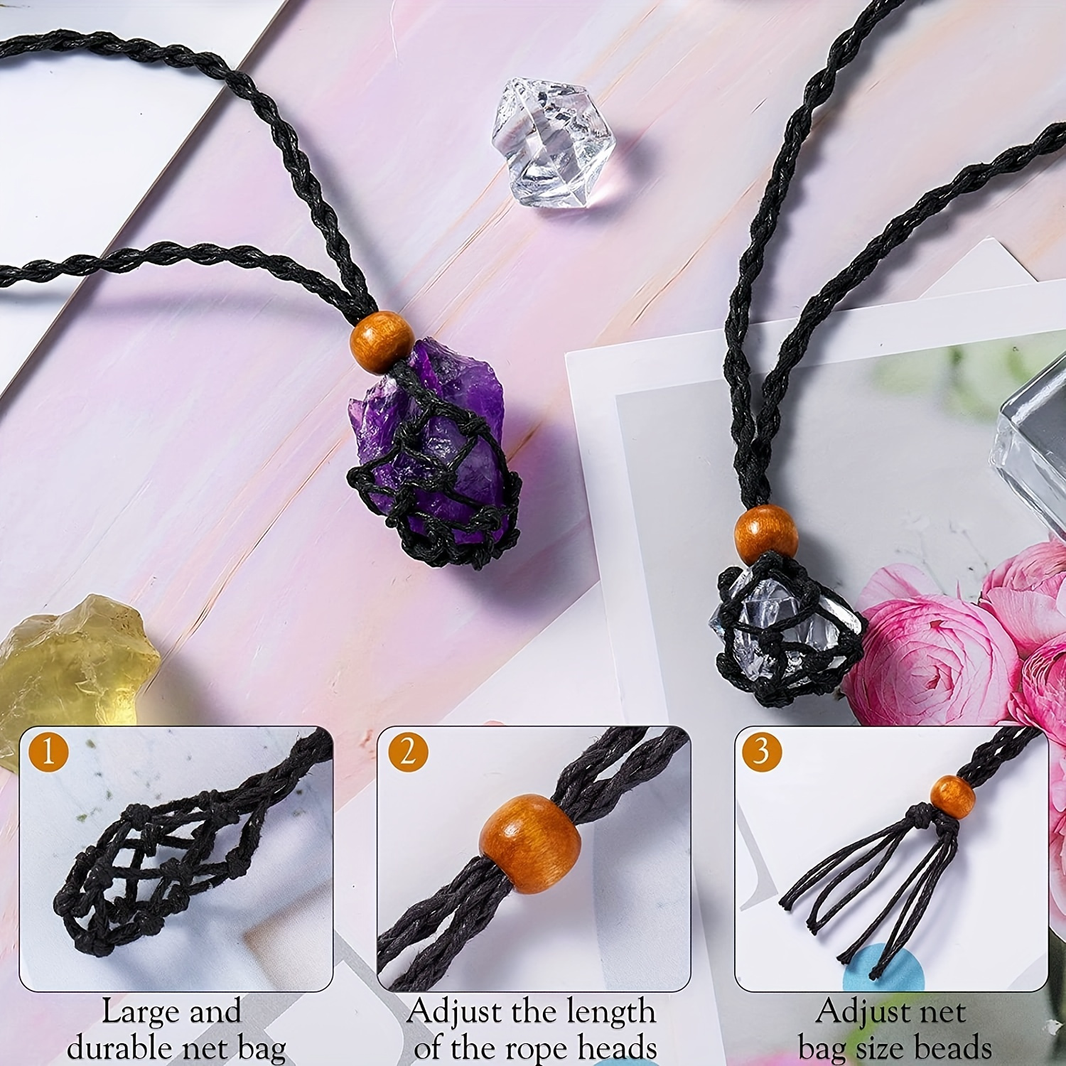 Necklace Rope Empty Stone Pendant Holder - Set of 3 for Adjustable Necklace  Cage Rope