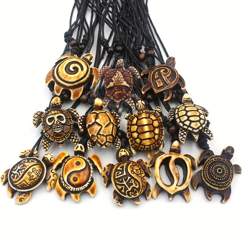 

12pcs Men's Mixed Carved Sea Turtles Pendant Necklaces, Vintage Turtle Jewelry, Couple Necklace