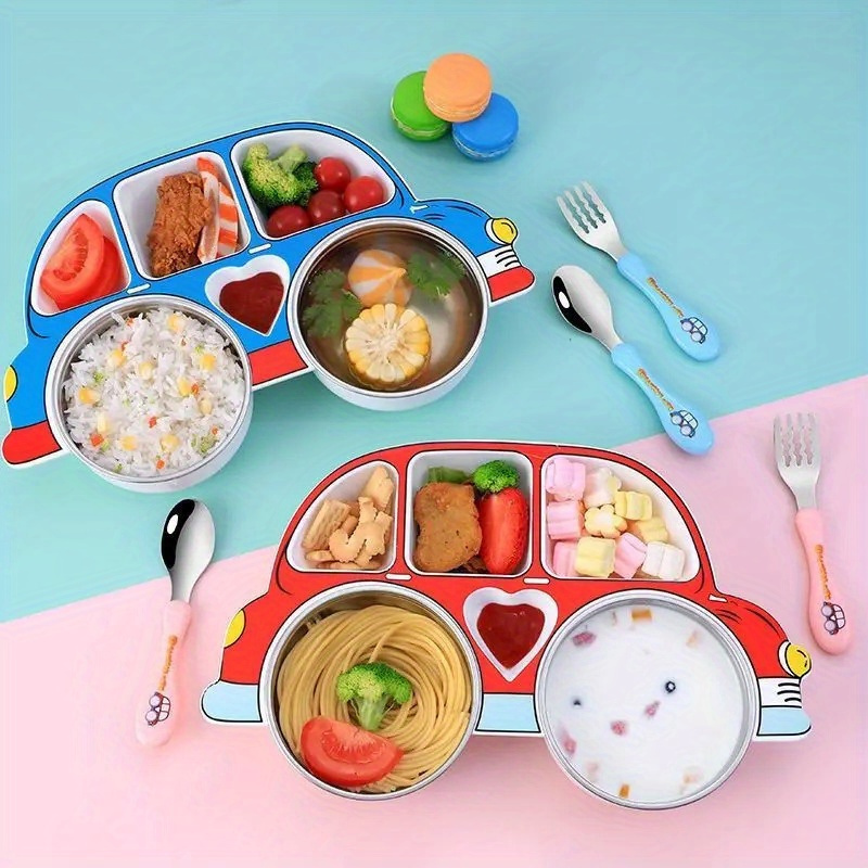   cartoon car dinner plate set with lid 304 stainless steel anti fall design red blue details 0