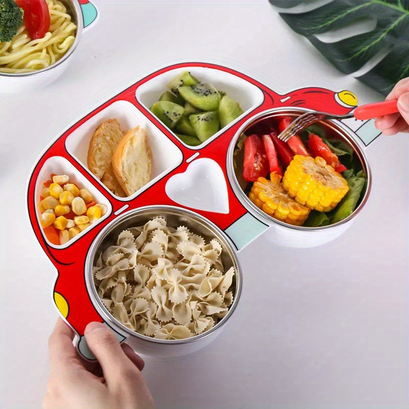   cartoon car dinner plate set with lid 304 stainless steel anti fall design red blue details 2