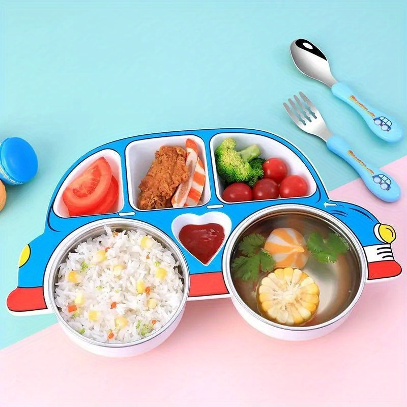   cartoon car dinner plate set with lid 304 stainless steel anti fall design red blue details 4