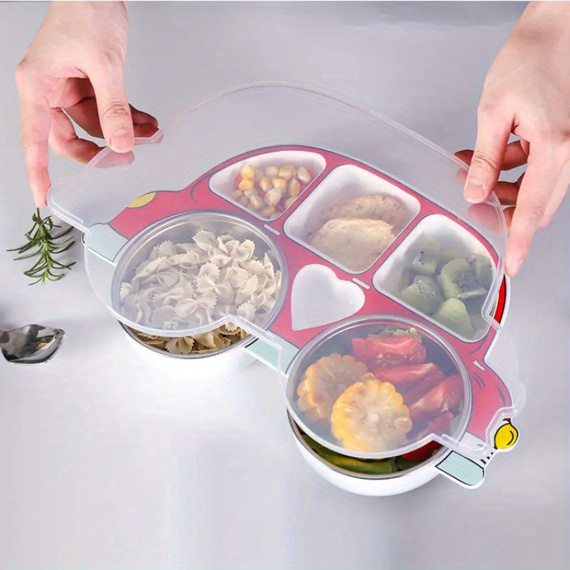   cartoon car dinner plate set with lid 304 stainless steel anti fall design red blue details 5