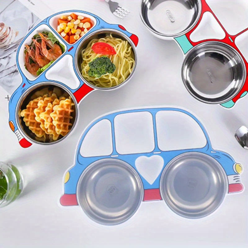   cartoon car dinner plate set with lid 304 stainless steel anti fall design red blue details 8