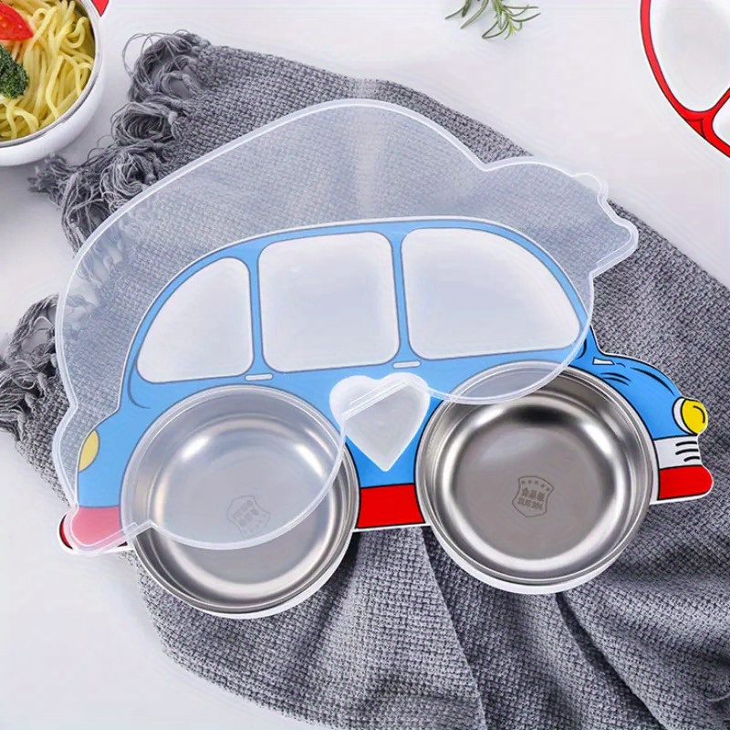   cartoon car dinner plate set with lid 304 stainless steel anti fall design red blue details 9