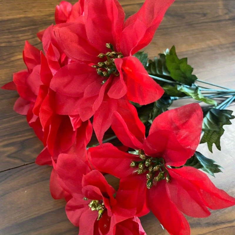 TEMU 10pcs Artificial Poinsettia Christmas Flowers Bushes, Fake Decorative Diy Ornament, Suitable For Porch Outdoor Wedding Wreath Decoration