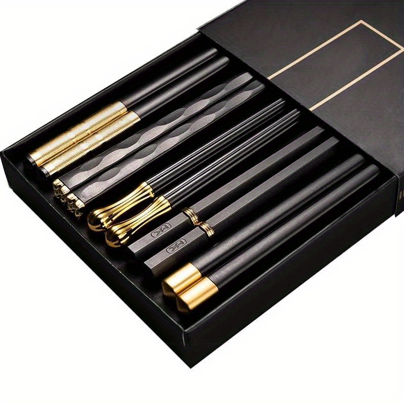 

geometric Grace" 5-pair Alloy Chopsticks Set - Non-slip, Reusable Sushi & Chinese Food Sticks - Perfect Gift For Home And Restaurant Use