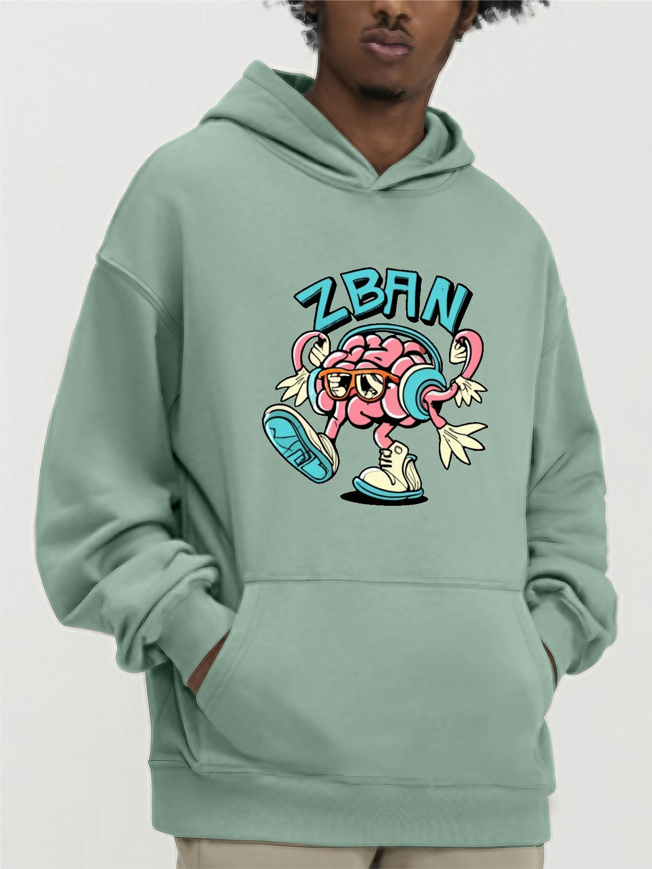 Brain Wearing Headphone Print Kangaroo Pocket Hoodie, Casual Long