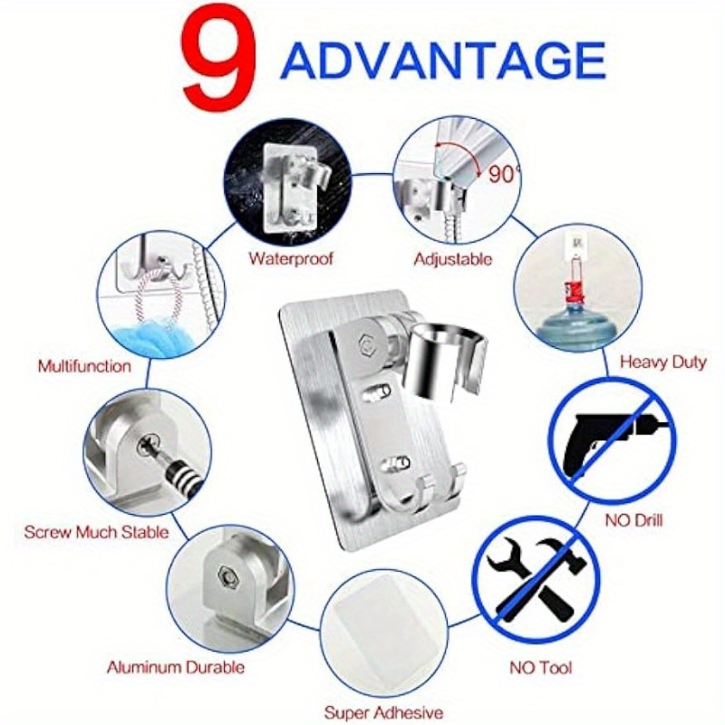 Shower Head Holder Strong Adhesive Shower Head Wall Mounting Bracket  Adjustable Shower Wand Holder with 2 Hanger Hooks No Drill Need (2)