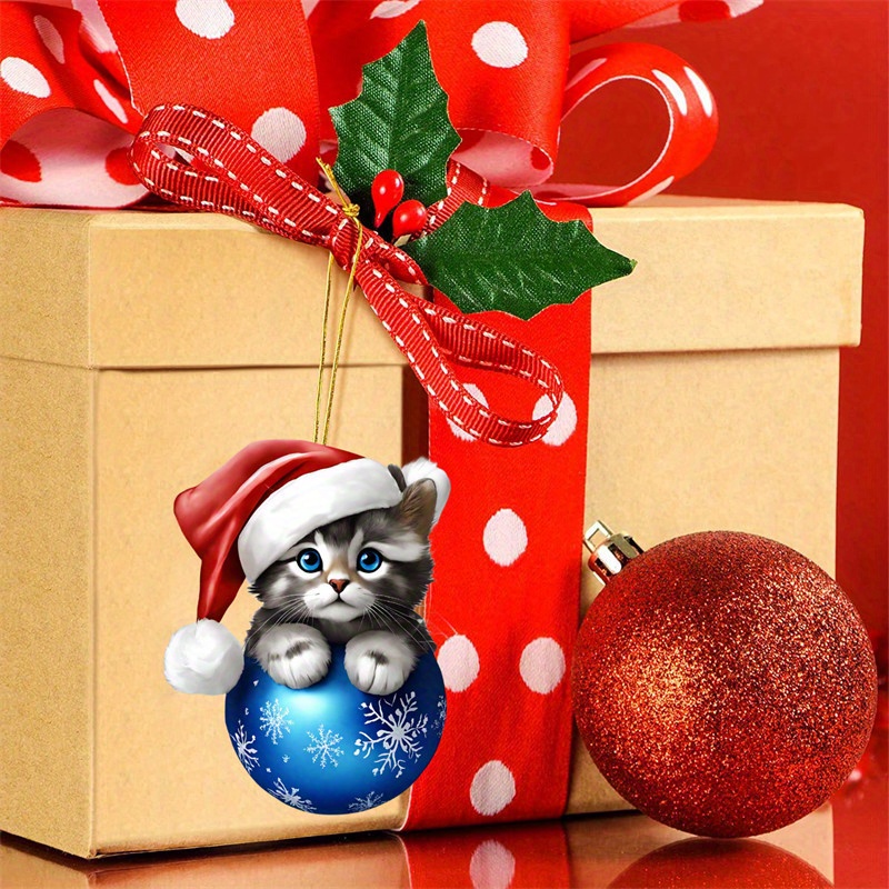 Niedliche Weihnachtsmütze Katze Anhänger Weihnachtsbaum Deko Lustige  Weihnachtskugeln Cute Auto Anhänger 2D Acryl Flacher Ornament  Weihnachtsbaum