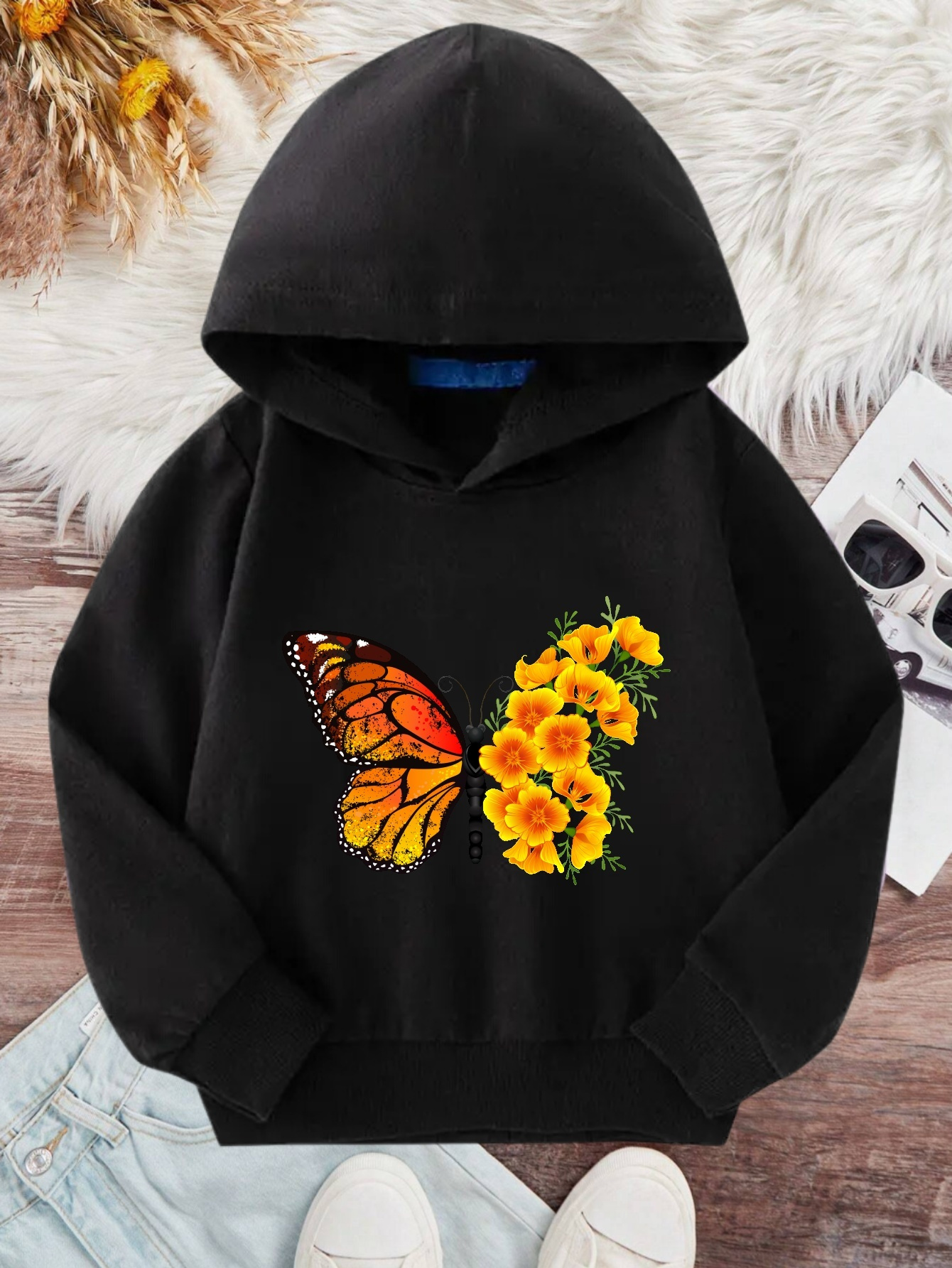 butterfly Flower Print Girls Pullover Long Sleeve Hoodie Temu