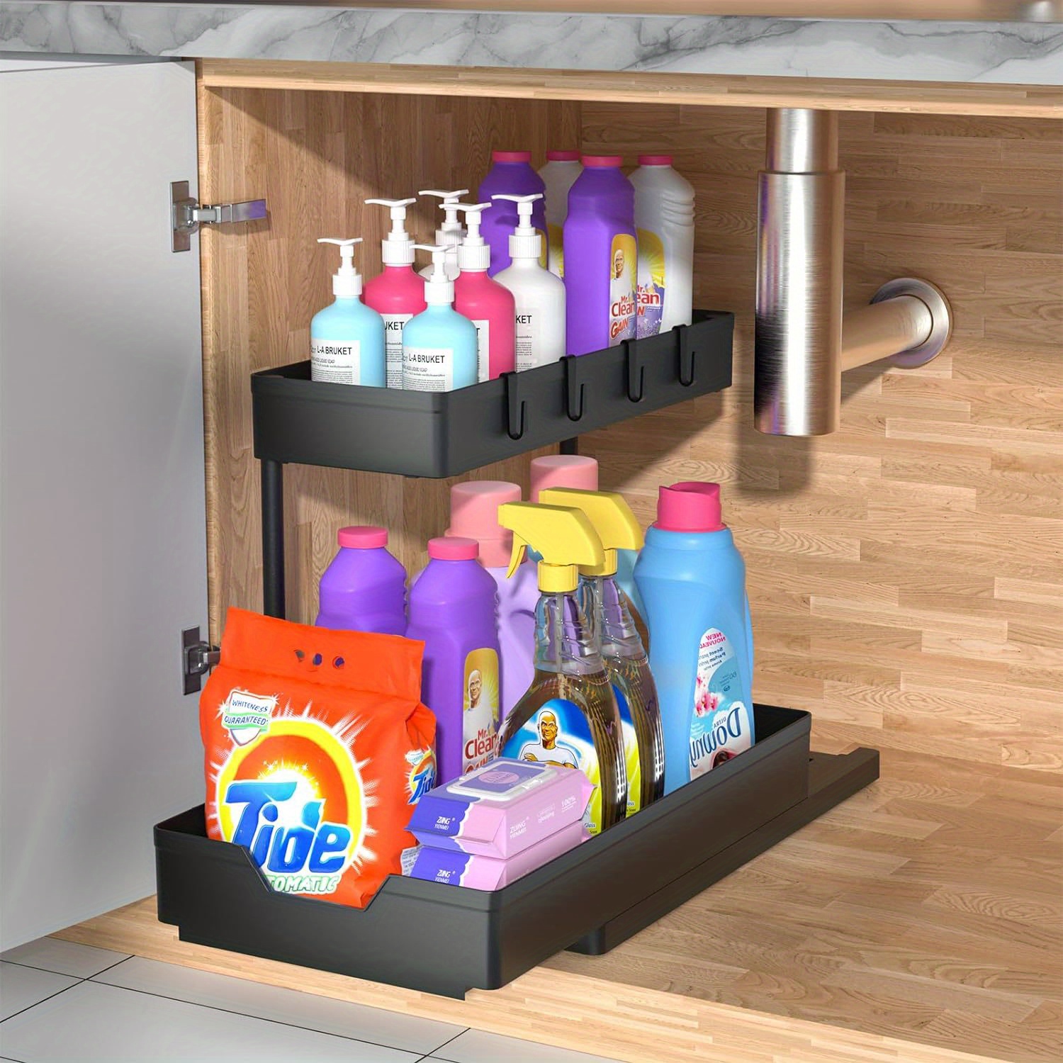 1pc Under Sink Organizer, 2-Tier L-Shape Sliding Under Sink Organizers And  Storage, Narrow Space Under Counter Storage Pull Out Under Sink Cabinet Dra