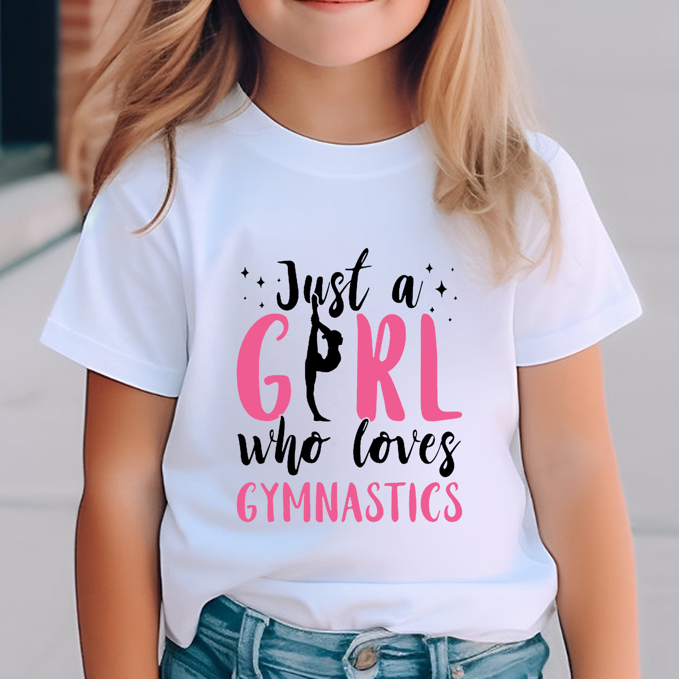 

Girl's Cartoon Just A Girl Whos Love Gymnastics Pattern Shirt, Casual Breathable Crew Neck Short Sleeve Shirt Top For Outdoor Activities