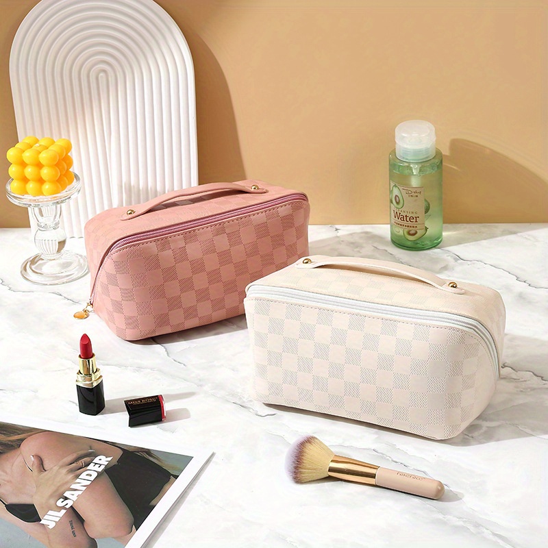 Plaid Pattern Makeup Bag Simple Large Capacity Cosmetic Bag - Temu