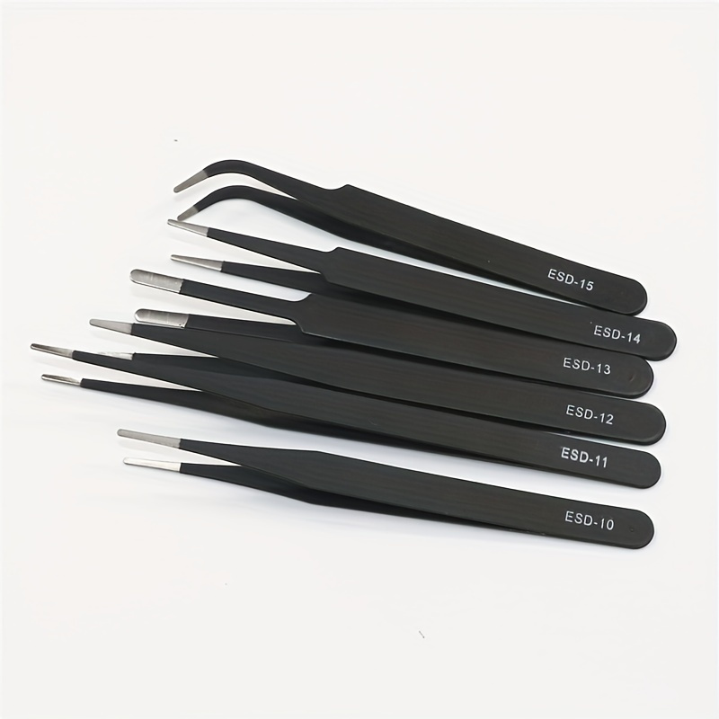

6pcs Esd Anti-static Stainless Steel Tweezers, Precision Maintenance & Industrial Repair Curved Tools For Home Working & Model Making
