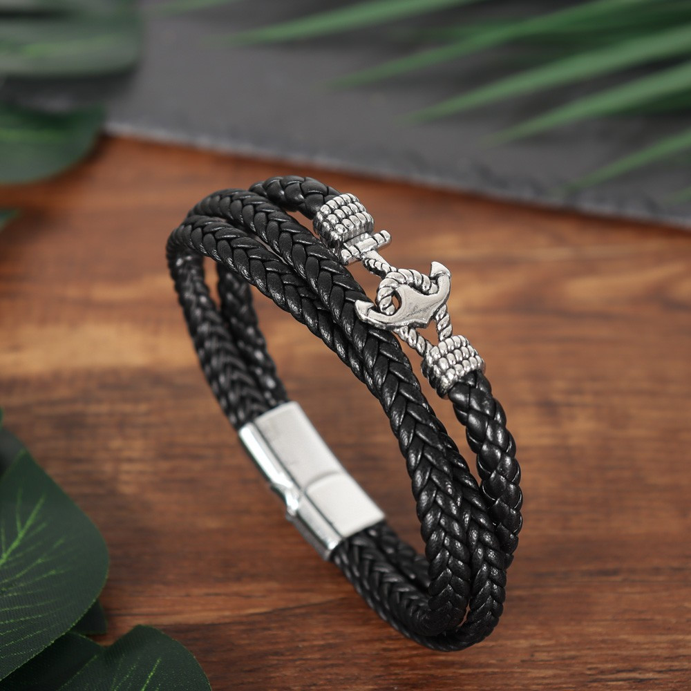 1pc Fashion Men's Bracelet, Multi-Layer PU Leather Woven Boat Hook Rope Shape Charm Jewelry, Jewels,Temu