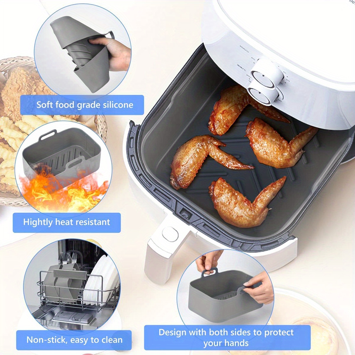 Duety 2pcs Air Fryer Silicone Pot with Handle Reusable Air Fryer Liner Heat Resistant Air Fryer Silicone Basket Rectangle Baking Pan Air Fryer