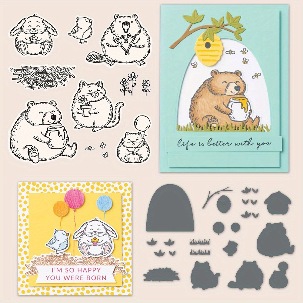 Cute Animal Bear Rabbit Cat Balloon Stamps Die Sets Card - Temu