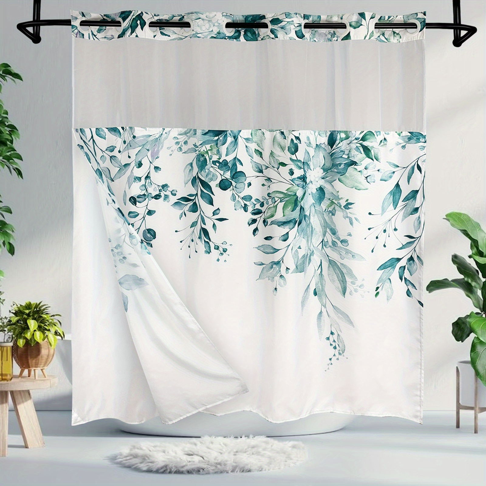 No Hooks Snap in Liner Blue Eucalyptus Leaves Shower Curtain Sets, Hotel  Luxury