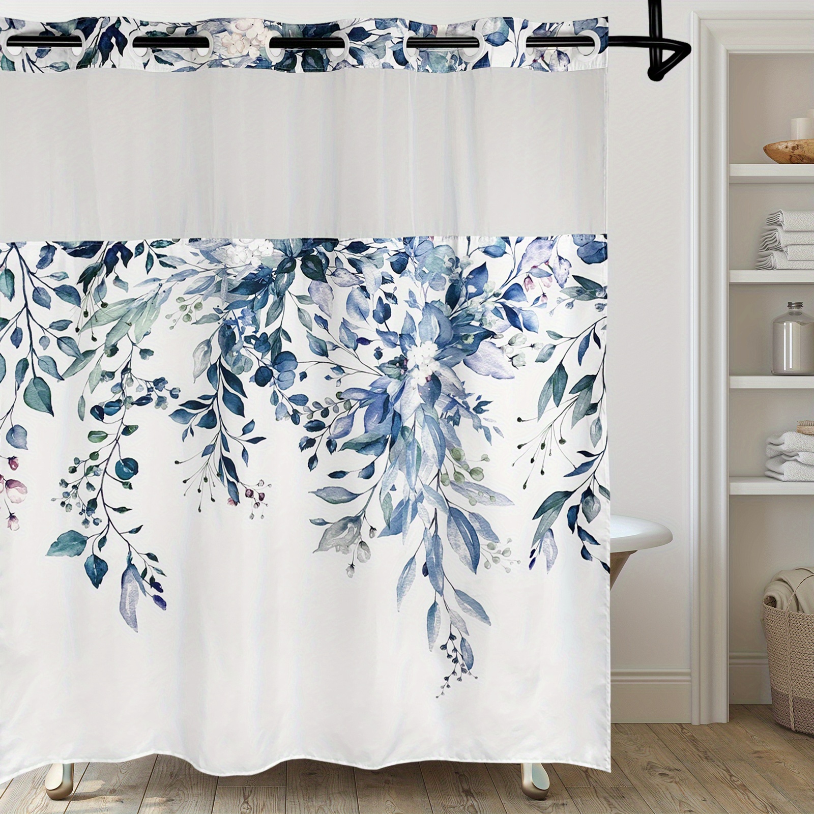 Leaves Print Shower Curtain Snap In Liner No Hook Shower - Temu