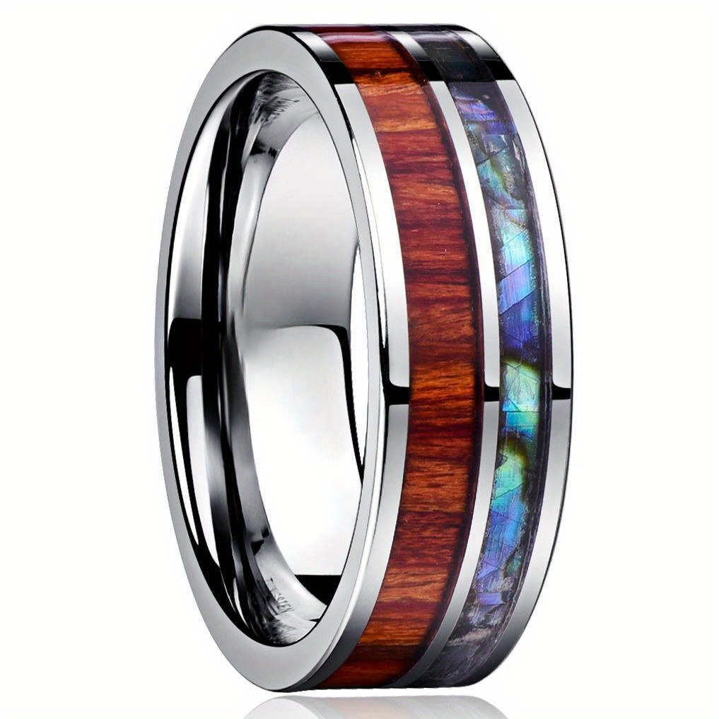 1pc Stylish And Simple Shell Double * Wood Grain Ring, Men's Personality  And Fashion 8mm Stainless Steel Ring, Suitable For Daily Parties, Christ