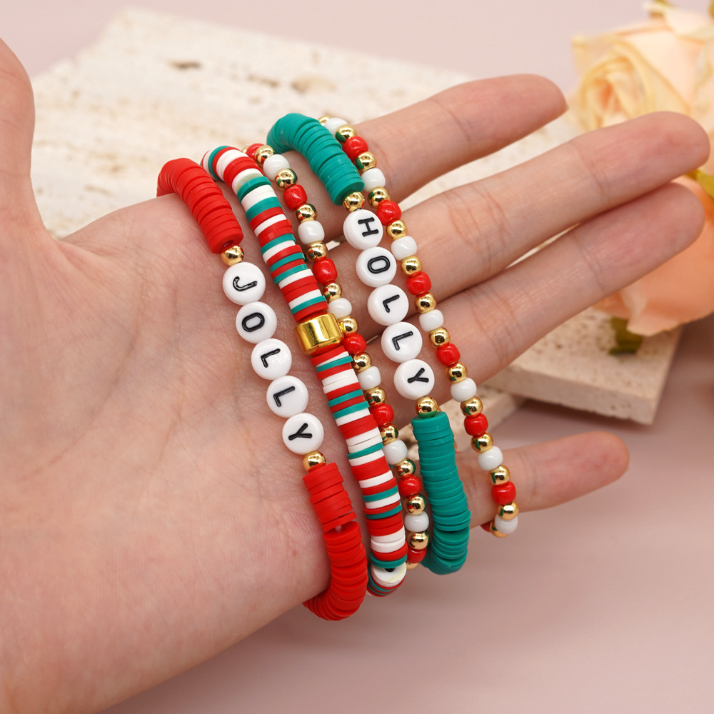 5pcs Red Green White Soft Clay Beads Beaded Bracelet Set Boho Style Hand String Xmas Gift,Temu