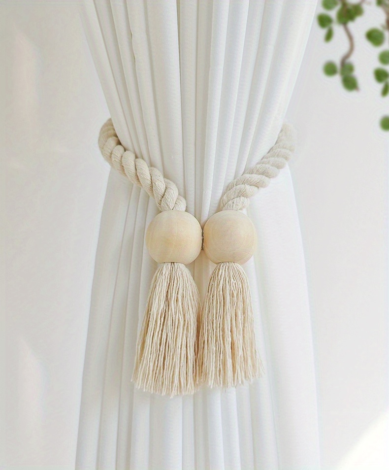 2pcs magnetic window curtain tiebacks simple wooden tassel curtain   curtain holdback suitable for bedroom living room kitchen home decoration details 0